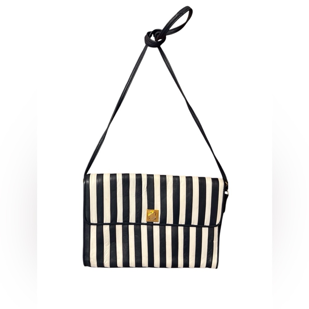Vintage Brio Striped Leather Shoulder Bag with Gold Clasp